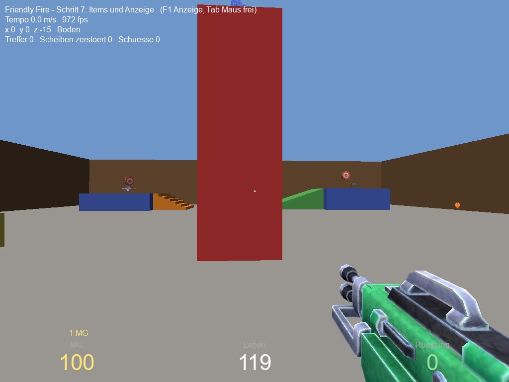Friendly Fire: an arena with targets, seen over a weapon in first person